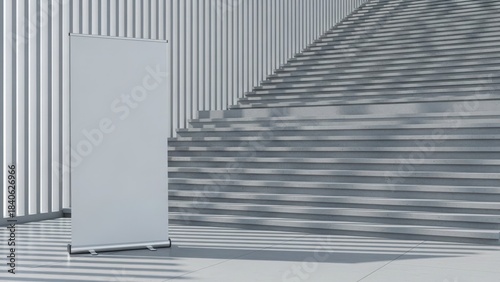 Blank white roll-up banner stand stands on a light gray floor next to modern concrete stairs and striped wall, advertisement mockup.                                                                