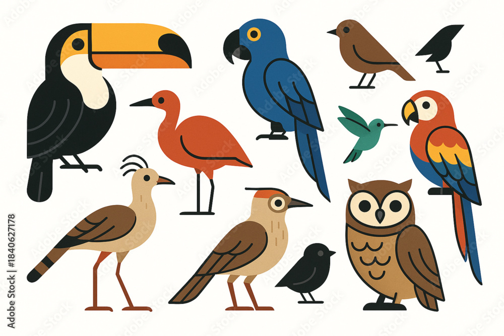 Naklejka premium Brazilian bird vector icon set with toucan macaw ibis seriema hummingbird arara owl and songbirds