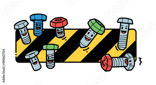 Cheerful Screws Smiling And Laughing On An Yellow And Black Diagonal Sign