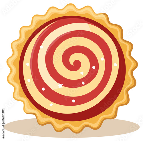 Sweet dessert tart illustration with colorful spiral pattern and decorative crust and sprinkles
