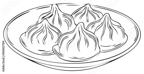 Dumplings on a Plate Line Art Illustration Momos Dim Sum Asian Cuisine
