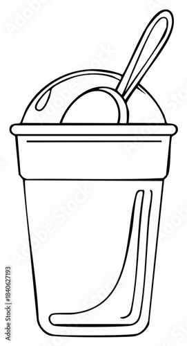 Hand-drawn line art of shaved ice treat with spoon and dome lid for posters, signs and menus