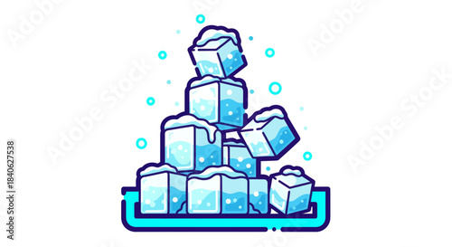 Chilled Ice Cubes Displayed Freshly on A Tray in A Blue Illustration