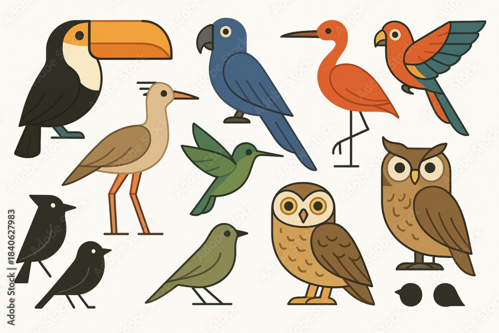 Naklejka premium Brazilian bird vector icon set with toucan macaw ibis seriema hummingbird arara owl and songbirds