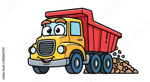 Cheerful Cartoon Dump Truck Delivering Construction Materials On Isolated White Background