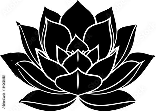 A stylized black and white lotus flower with multiple layers of petals in a symmetrical design