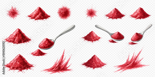 Set of red powder piles, spoonfuls, and splashes on transparent background.