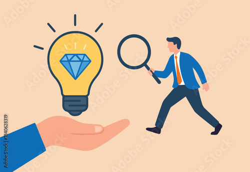 Business value, discover opportunity or benefit from idea, quality measurement or search for brilliant idea worth concept, businessman discover valuable priceless diamond from bright lightbulb idea