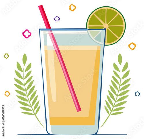 Refreshing Summer Citrus Beverage with Lime Slice and Straw Served in Tall Glass