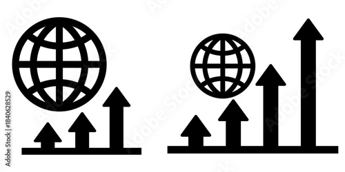 Icon set representing global growth and progress, featuring a globe and upward arrows, symbolizing international expansion, development, and financial growth, ideal for business, economy, and analytic