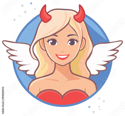 Smiling blonde woman with angel wings and devil horns cartoon avatar, representing duality and conflicting choices