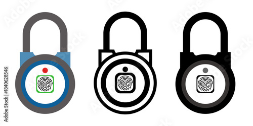 Set of fingerprint lock icons in three styles, symbolizing secure access, biometric authentication, and cybersecurity. Ideal for use in digital security, personal data protection, tech-related graphic
