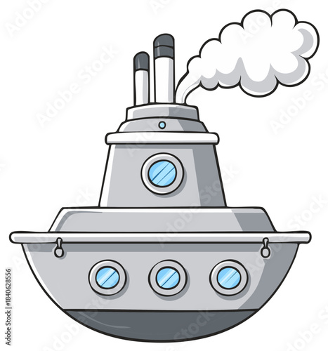 Cartoon steamship with portholes and smoke stacks, isolated clip art vessel on white background, boat illustration