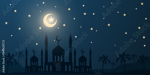 Night landscape Oriental style Silhouettes of mosque Minarets palm trees against dark sky Glowing crescent moon stars Religious themes Islamic culture Holiday designs covers posters Copy space.