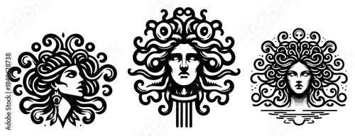 Medusa head logo vector set, three greek mythology gorgon faces, snake hair woman illustration icons