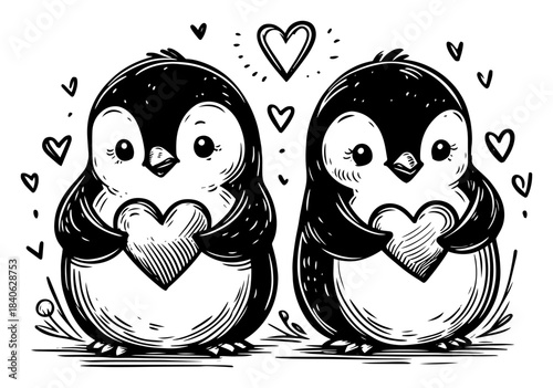 Cute couple of penguins holding hearts, vector illustration, romantic love birds sketch for valentine design