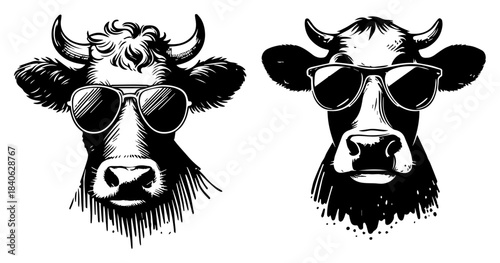 Two cool cow heads wearing sunglasses, vector illustration, funny farm animal portraits with glasses, hipster bull sketch design