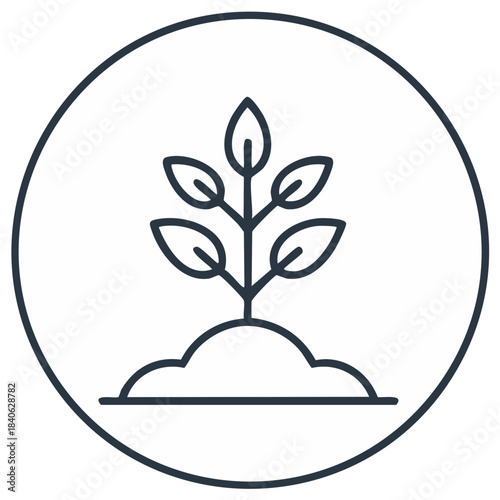 Outline icon of a growing plant sprout with leaves in soil, encased in a circle