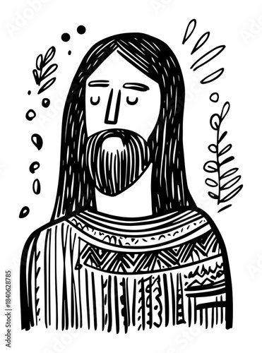 Stylized Jesus Christ portrait with closed eyes, vector doodle illustration, religious bearded man face sketch