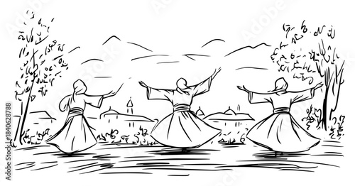 Whirling dervishes dancing in nature landscape, vector sketch illustration, sufi spiritual dance performance drawing