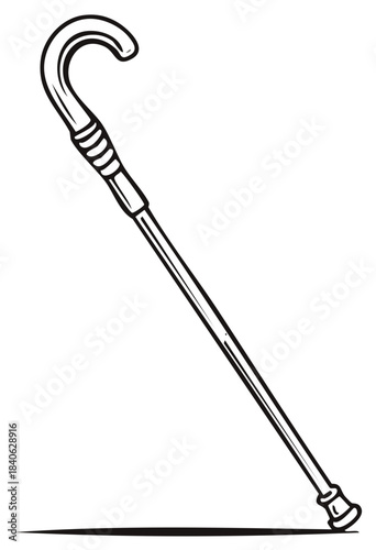 Vintage walking cane with curved crook handle black and white line art illustration
