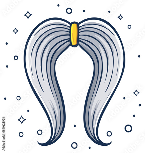 Cartoon illustration of sparkling silver pigtails held by a gold band