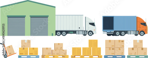 Flat design logistics warehouse illustration with delivery trucks, cargo pallets, cardboard boxes, freight containers, and storage distribution concept