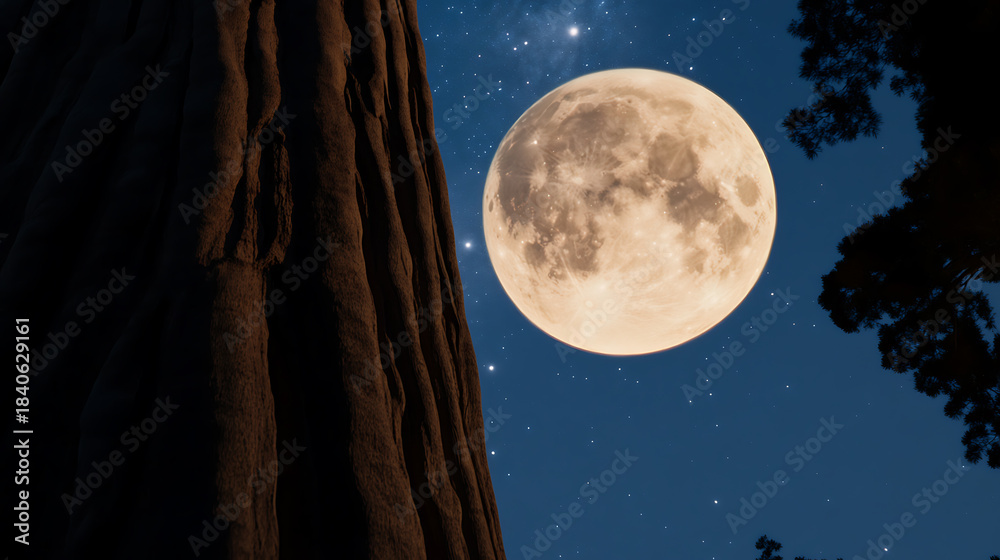 Fototapeta premium A serene night sky showcases a luminous full moon, softly illuminating the rugged bark of an ancient tree. Stars twinkle in the dark, blue background, enhancing the peaceful scene.