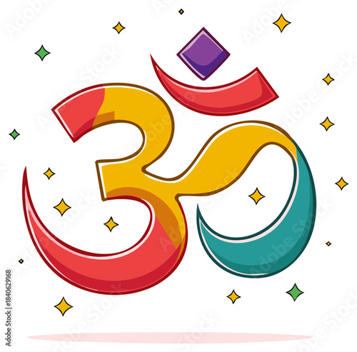 Colorful Aum Om symbol illustration in cartoon style with sparkles for spirituality and meditation