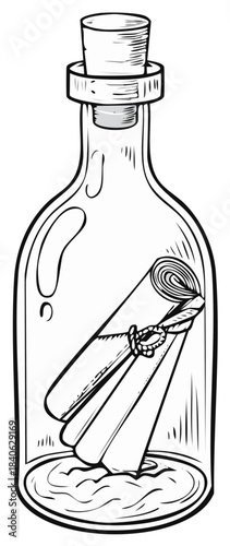 Hand-drawn message in glass bottle illustration with cork stopper, fantasy adventure marine story, letter scroll with rope knot.