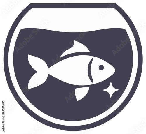 Fish swimming in a fishbowl with clear water and sparkling light emblem for pet shops and hobbyist aquarium symbol