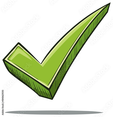 Vibrant green check mark with hand drawn sketchy shading and 3D effect