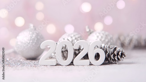 2026 New Year and Christmas Celebration Background with Red Glitter, Ornaments, and Copy Space. 2026 with sparkling red confetti and star-shaped glitter