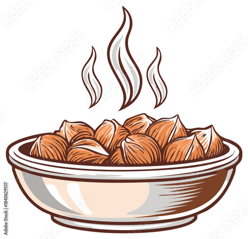 Bowl of roasted nuts with steam rising showing hot food preparation or snacks