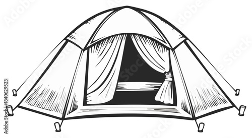 Black and white drawing of an open canvas tent with draped curtains