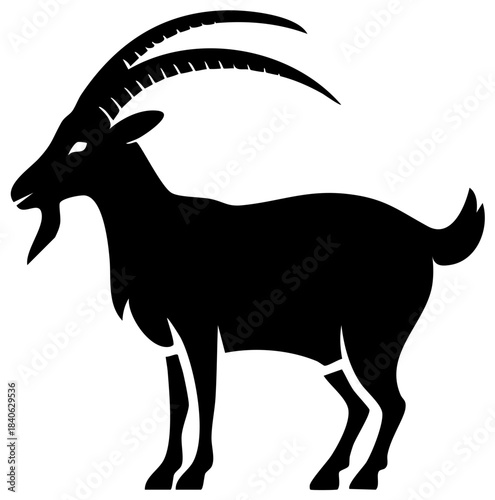 Stylized ibex mountain goat silhouette vector graphic with powerful curved horns