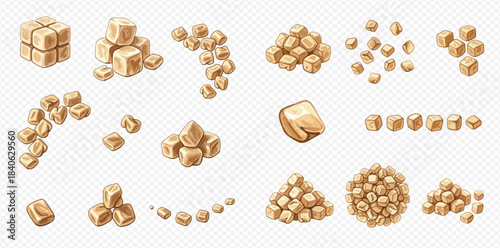 Set of caramel candies, toffee pieces, and brown sugar cubes in various arrangements.