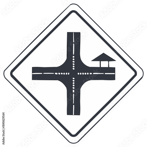Hand drawn crossroad junction with roadside shelter road sign vector illustration