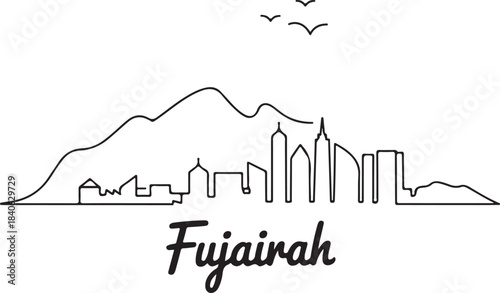 Continuous Line Art of Fujairah Skyline with Hajar Mountain Outline Minimal Illustration