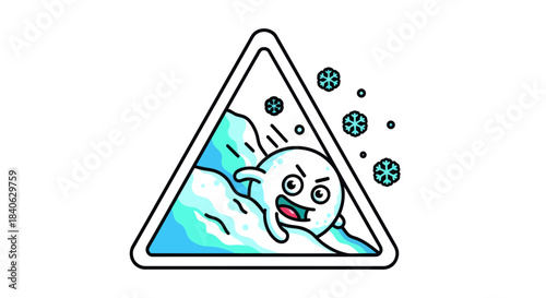 Cartoon Snowball Character Trapped In An Avalanche Warning Triangle Sign Illustration