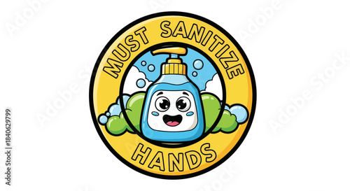 Cartoon Soap Dispenser With Text: Must Sanitize Hands, Cleanliness Illustration Image