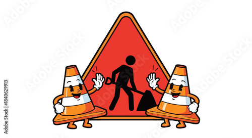 Cartoon Traffic Cones Cheerful Display Greeting Near Road Works Construction Site Sign