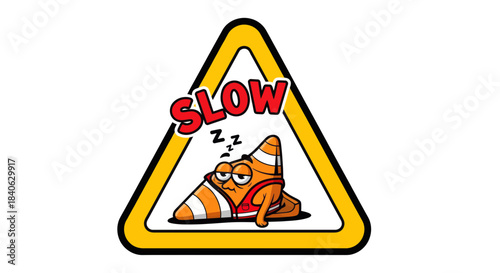 Cartoon Traffic Cone Relaxing, Sleeping, Within A Slow Down Sign, Illustration
