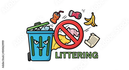 Cartoon Trash Bin and Icon Prohibiting Littering, Environmental Protection Illustration