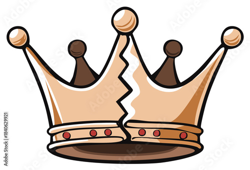 Stylized golden royal crown with crack and red jewels, cartoon illustration