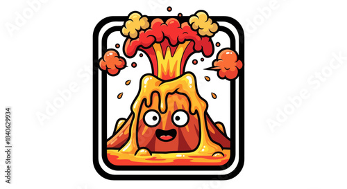 Cartoon Volcano Erupting With a Happy Face Inside a Black Frame With Thick Borders
