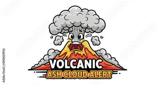 Cartoon Volcano Alerting About Eruption with Ash Cloud Warning Sign Announcement