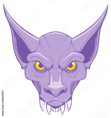 Intimidating gargoyle head with sharp teeth and piercing yellow eyes