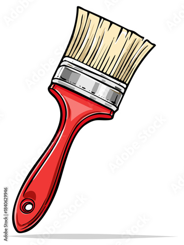 Cartoon Style Painting Brush with Red Handle and Bristles Vector Illustration