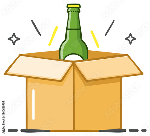 Cartoon green bottle in an open cardboard box. Illustration style